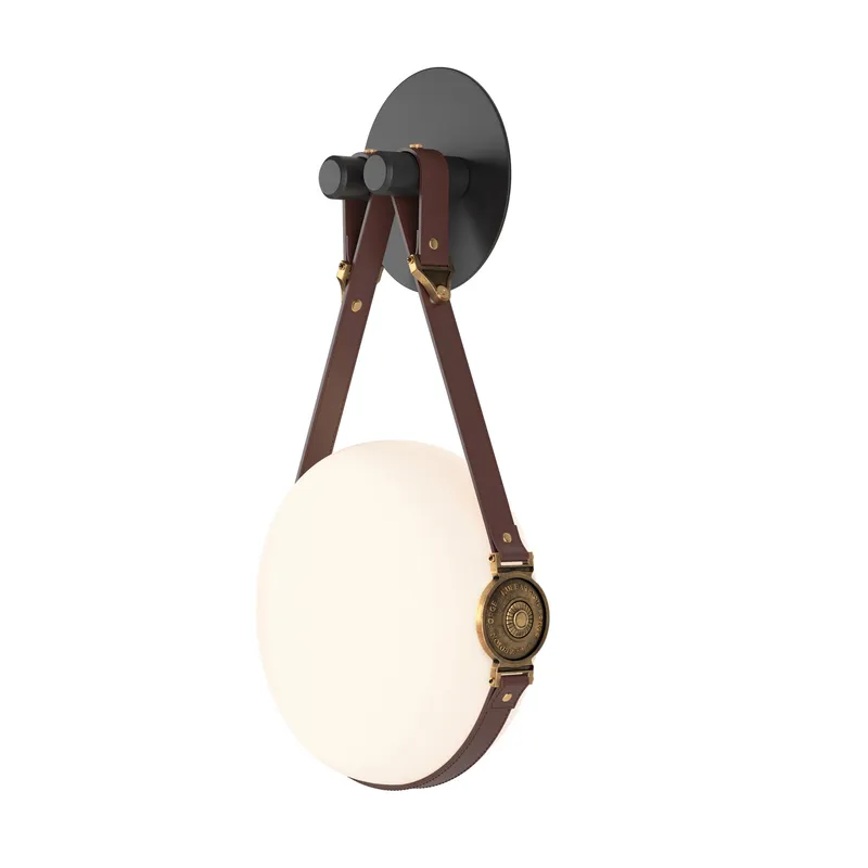 Derby LED 10.9 inch Black and Antique Brass ADA Sconce Wall Light in Leather British Brown/Hubbardton forge Branded Plate, Black/Antique Brass