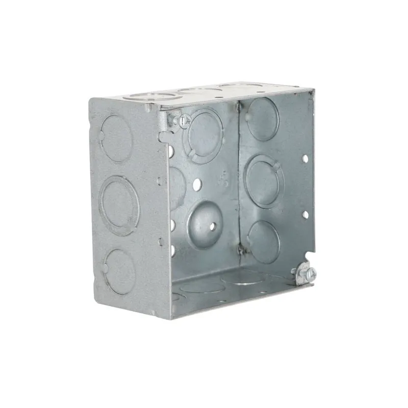 4" Square Box, Welded, 2-1/8" Depth, 1/2 and 3/4" Knockouts, Steel