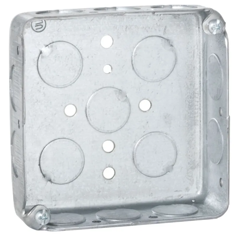 4" Square Box, Drawn, 1-1/4" Depth, 1/2" Knockouts, Steel