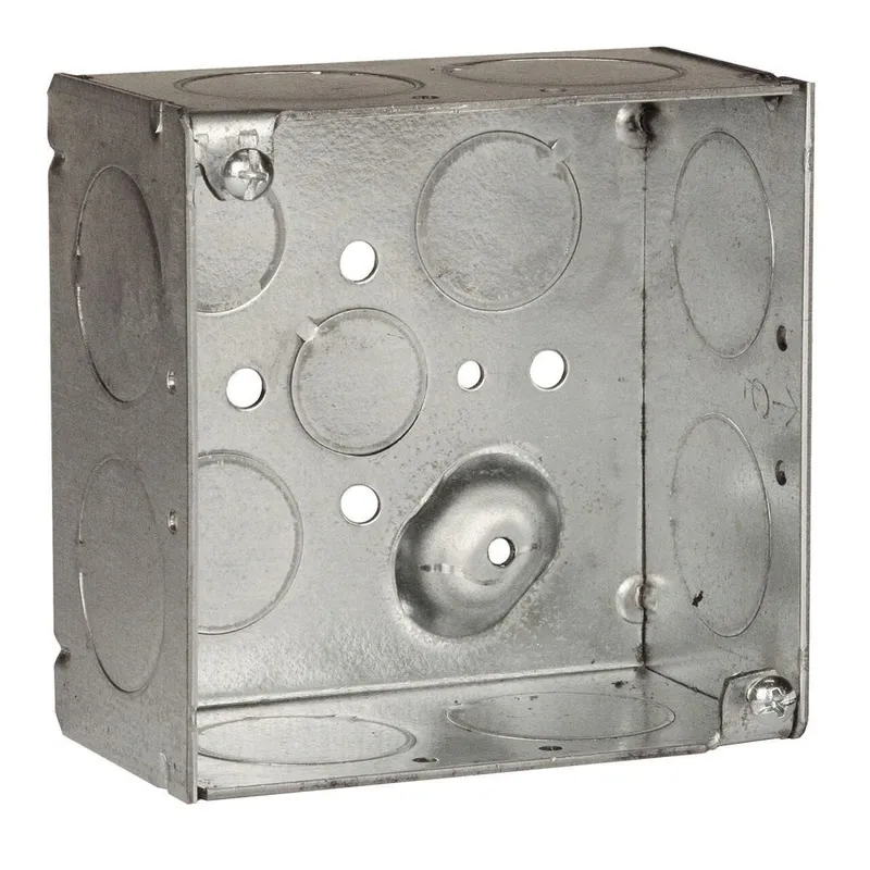4" Square Box, Welded, 2-1/8" Depth, 1/2, 3/4, and 1" Knockouts, Steel