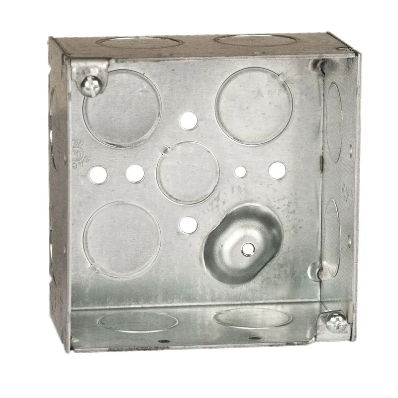4" Square Box, Welded, 2-1/8" Depth, 1/2 and 3/4" Knockouts, Steel