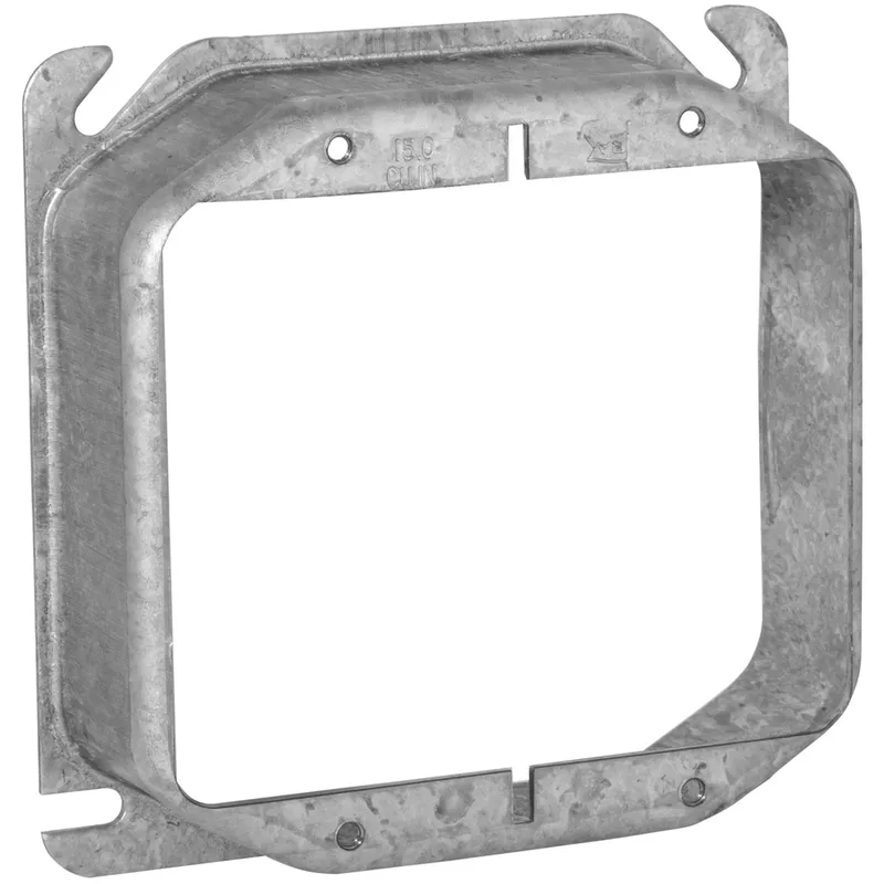 4" Square Cover, 2-Device, Mud Ring, 1-1/4" Raised, Drawn, Metallic