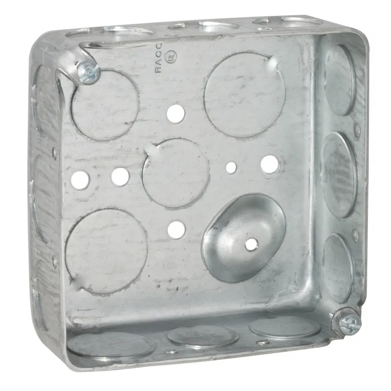 4" Square Box, Drawn, 1-1/2" Depth, 1/2 and 3/4" Knockouts, Steel