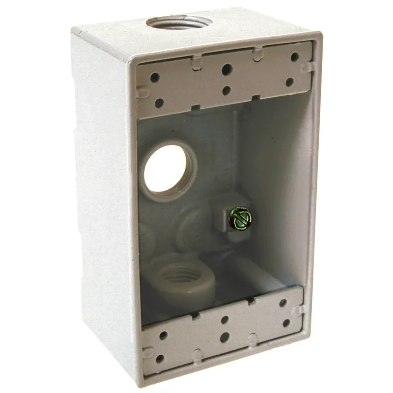 Weatherproof Box, 1 Gang, (3) 1/2" Outlets, 2" Deep, Aluminum Die Cast, White