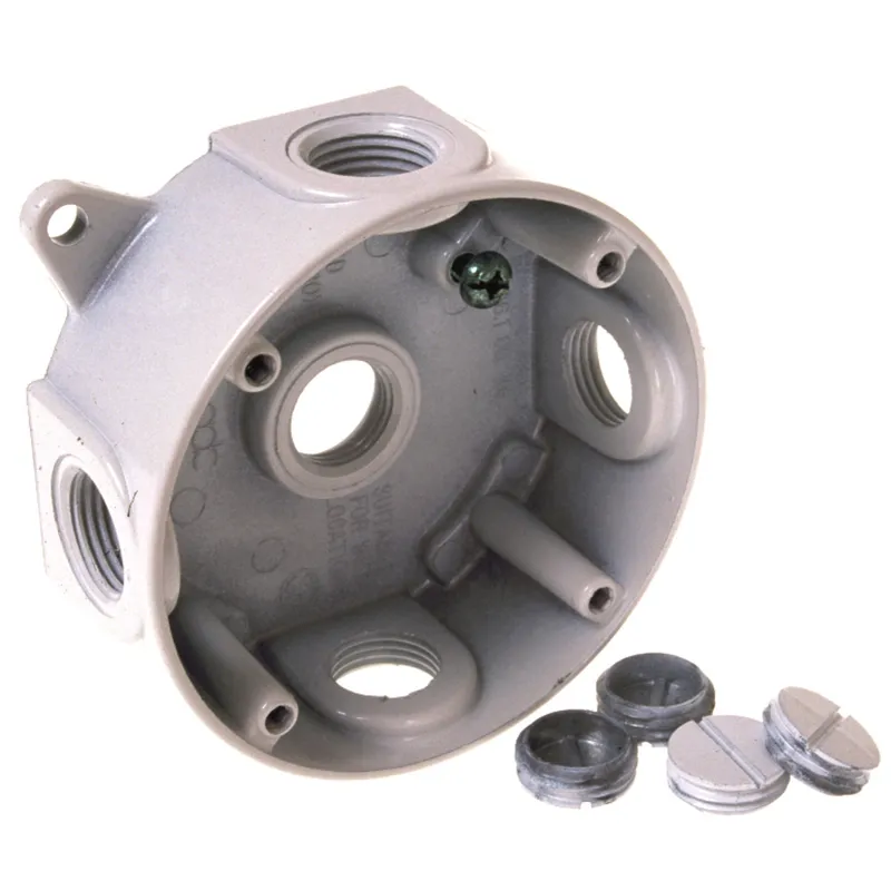 Weatherproof Box, 4" Diameter, (5) 1/2" Outlets, 1-1/2" Deep, Aluminum Die Cast, White