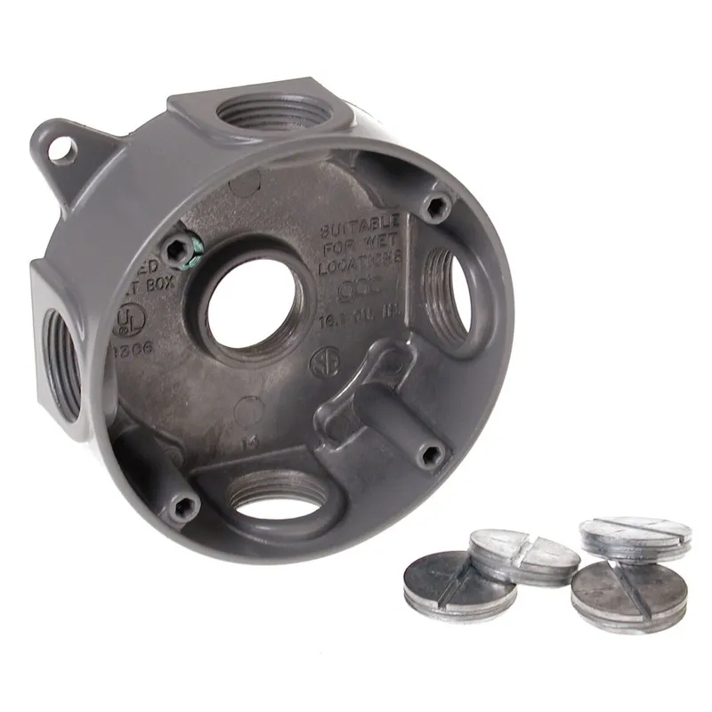 Weatherproof Box, 4" Diameter, (5) 3/4" Outlets, 1-1/2" Deep, Aluminum Die Cast