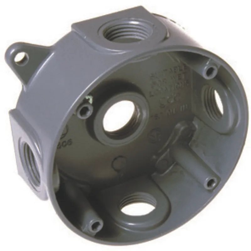 Weatherproof Box, 4" Diameter, (5) 1/2" Outlets, 1-1/2" Deep, Aluminum Die Cast