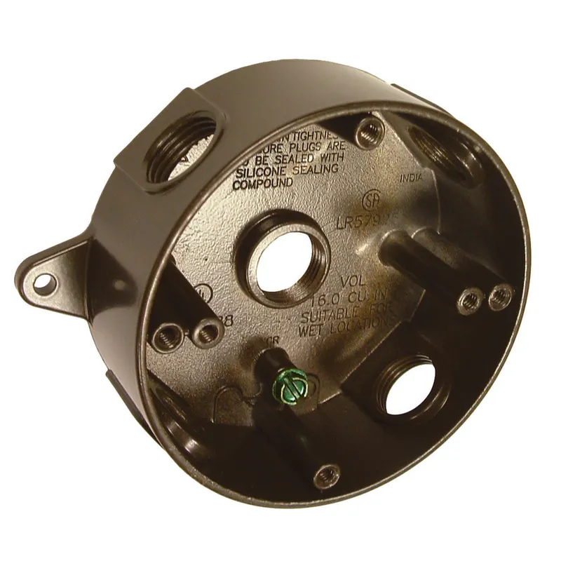 Weatherproof Box, 4" Diameter, (5) 1/2" Outlets, 1-1/2" Deep, Aluminum Die Cast, Bronze