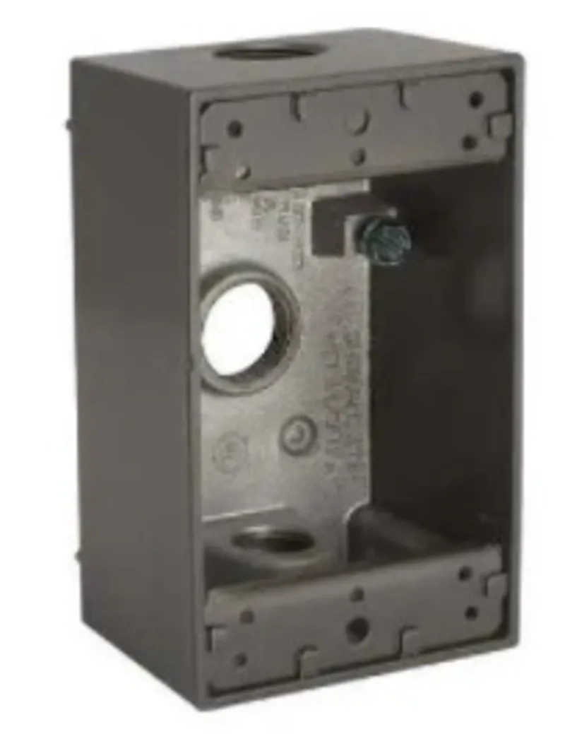 Weatherproof Box, 1 Gang, (3) 1/2" Outlets, 2" Deep, Aluminum Die Cast, Bronze