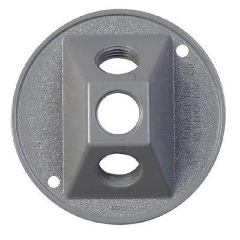 Weatherproof Cover, Round, (3) 1/2" Outlet, 4.125" Diameter, Die-Cast Aluminum, Gray