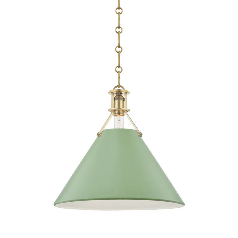 Painted No.2 1 Light 16 inch Aged Brass/Leaf Green Pendant Ceiling Light