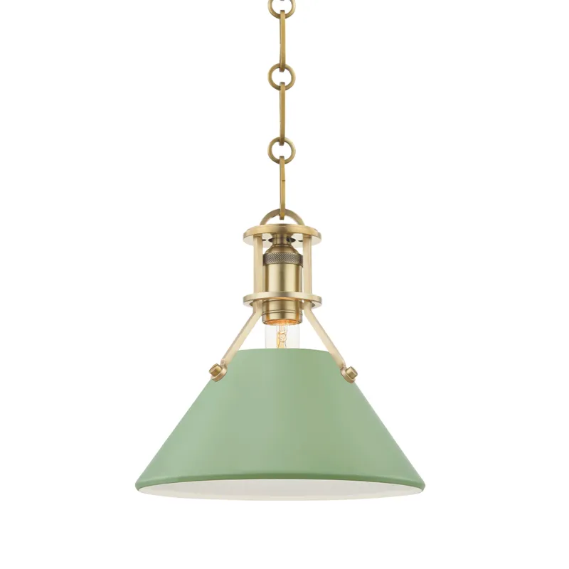 Painted No.2 1 Light 9.5 inch Aged Brass/Leaf Green Pendant Ceiling Light