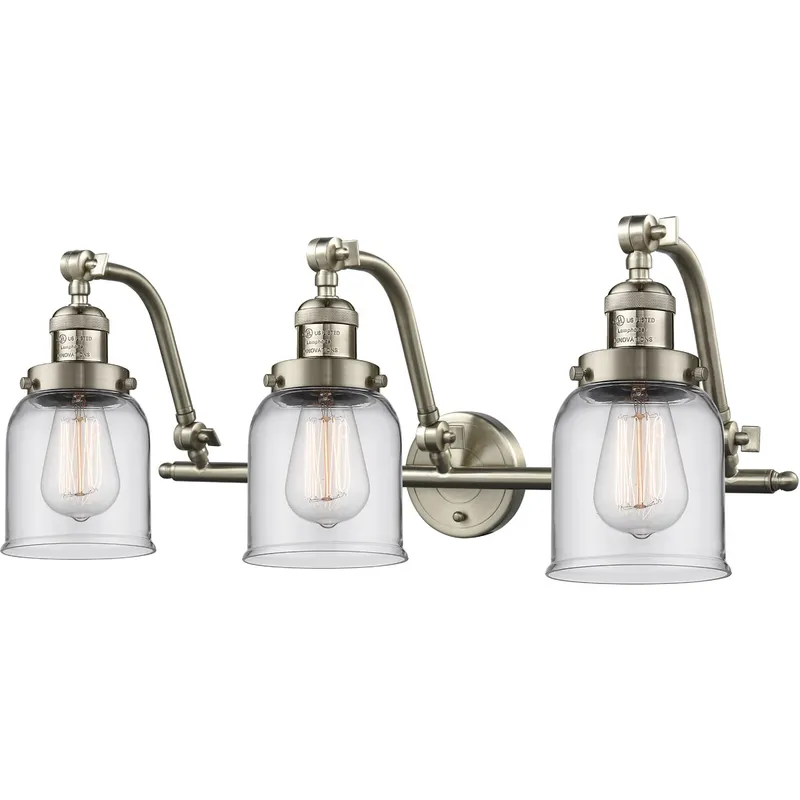 Franklin Restoration Small Bell 3 Light 28 inch Brushed Satin Nickel Bath Vanity Light Wall Light in Clear Glass, Franklin Restoration