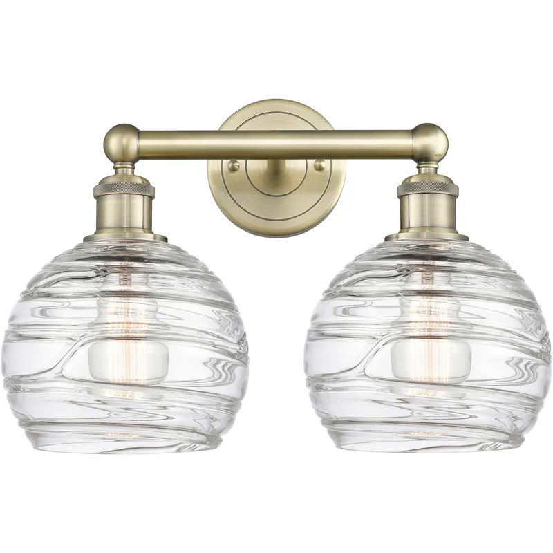 Athens Deco Swirl 2 Light 17 inch Antique Brass Bath Vanity Light Wall Light in Clear Deco Swirl Glass
