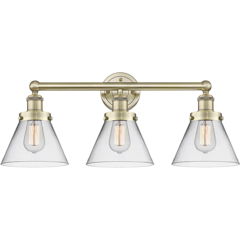 Cone 3 Light 25.75 inch Antique Brass Bath Vanity Light Wall Light in Clear
