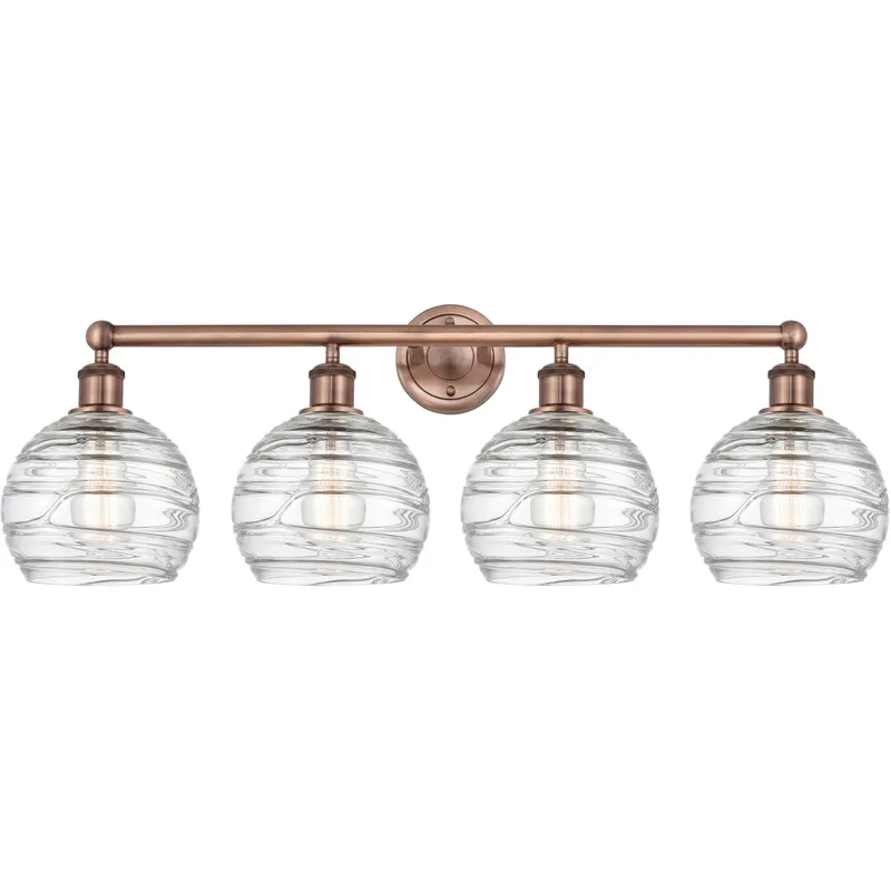 Athens Deco Swirl 4 Light 35 inch Antique Copper Bath Vanity Light Wall Light in Clear Deco Swirl Glass