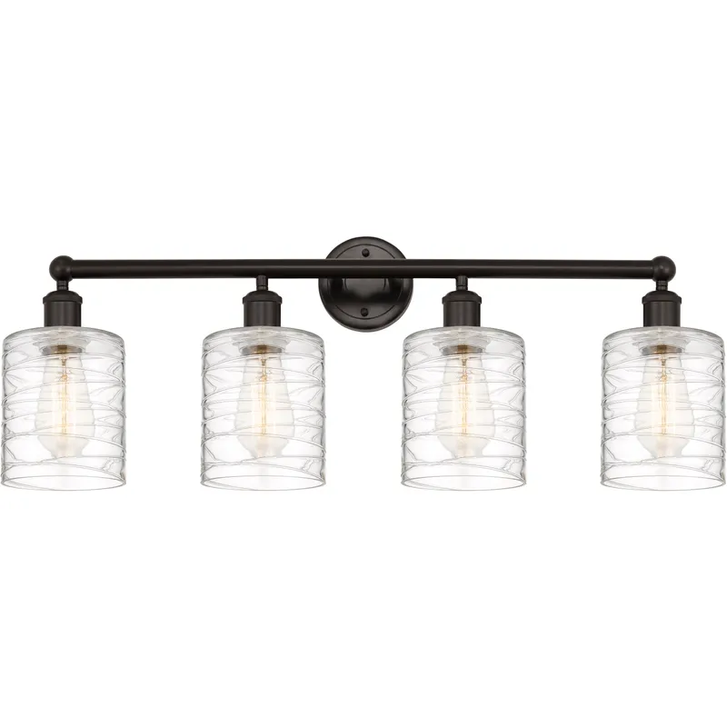Edison Cobbleskill 4 Light 32 inch Oil Rubbed Bronze Bath Vanity Light Wall Light in Deco Swirl Glass