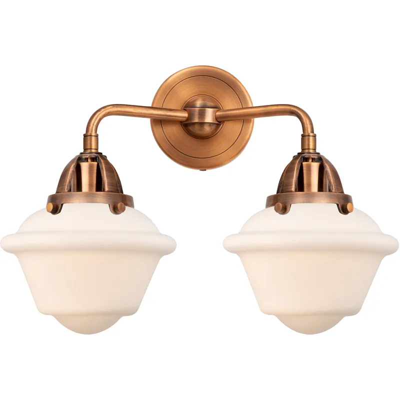 Nouveau 2 Small Oxford 2 Light 16 inch Antique Copper Bath Vanity Light Wall Light in Matte White Glass