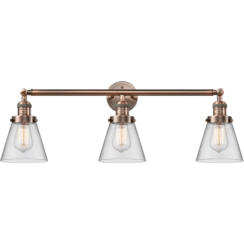 Franklin Restoration Small Cone LED 30 inch Antique Copper Bath Vanity Light Wall Light in Clear Glass, Franklin Restoration