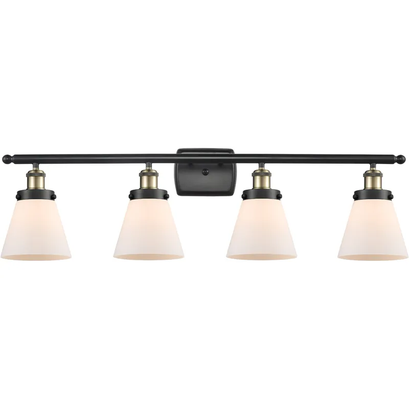 Ballston Small Cone 4 Light 36 inch Black Antique Brass Bath Vanity Light Wall Light in Matte White Glass
