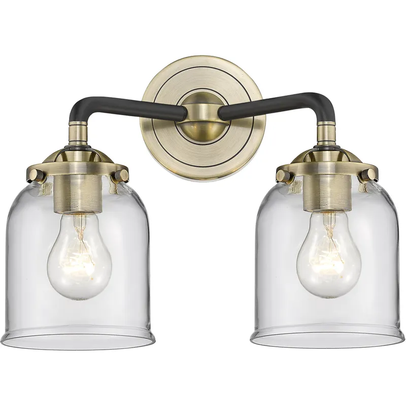 Nouveau Small Bell 2 Light 13 inch Black Antique Brass Bath Vanity Light Wall Light in Clear Glass, Nouveau