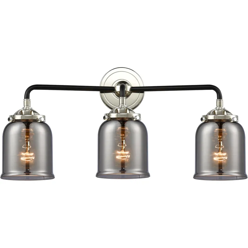 Nouveau Small Bell 3 Light 23 inch Black Polished Nickel Bath Vanity Light Wall Light in Light Smoke Glass, Nouveau
