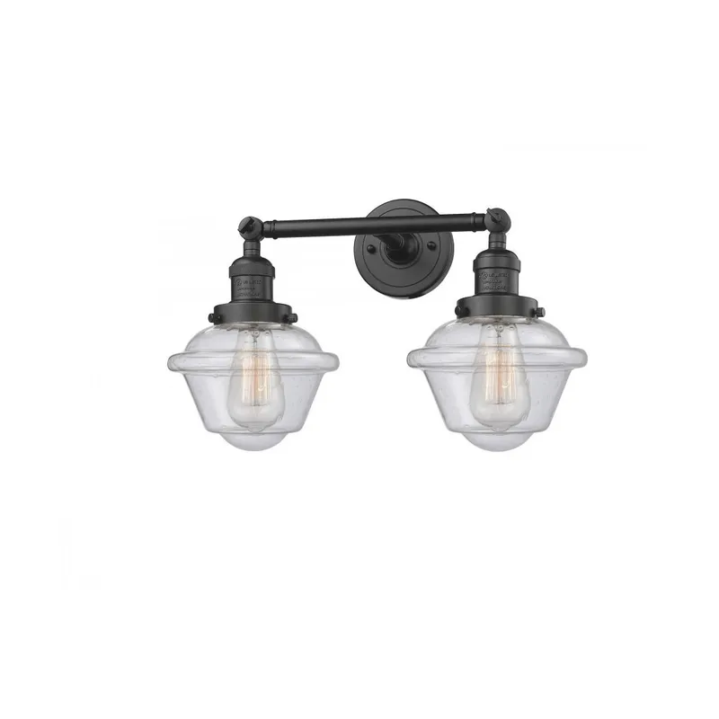 Franklin Restoration Small Oxford 2 Light 17 inch Oil Rubbed Bronze Bath Vanity Light Wall Light in Seedy Glass, Franklin Restoration