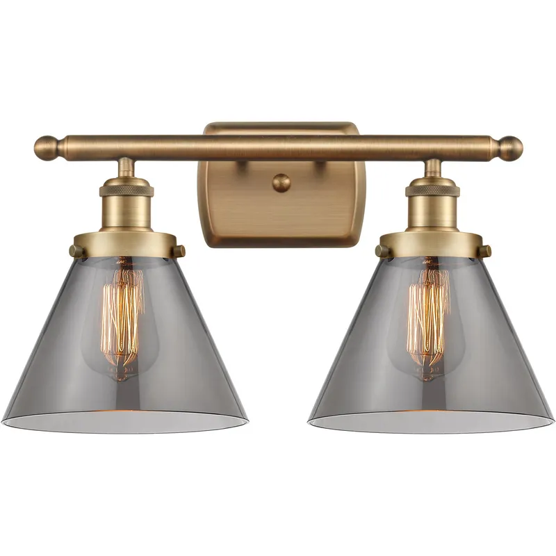 Ballston Large Cone 2 Light 16 inch Brushed Brass Bath Vanity Light Wall Light in Light Smoke Glass