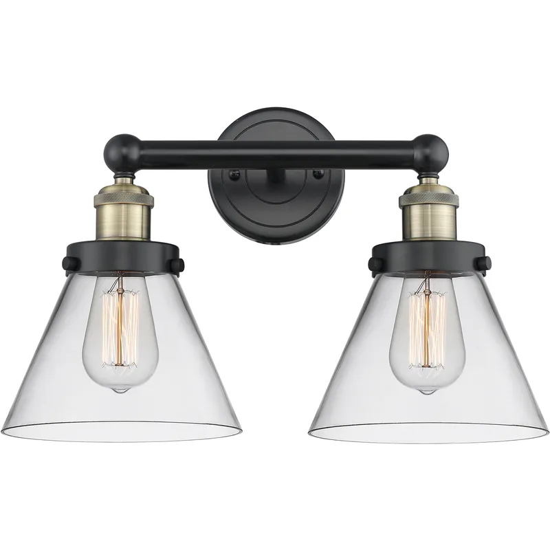 Cone 2 Light 16.75 inch Black Antique Brass Bath Vanity Light Wall Light in Clear