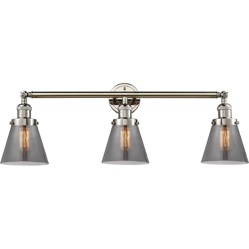 Franklin Restoration Small Cone LED 30 inch Polished Nickel Bath Vanity Light Wall Light in Light Smoke Glass, Franklin Restoration