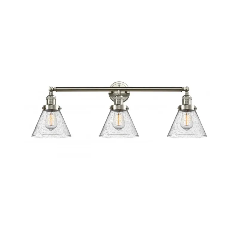 Franklin Restoration Large Cone 3 Light 32 inch Brushed Satin Nickel Bath Vanity Light Wall Light in Seedy Glass, Franklin Restoration