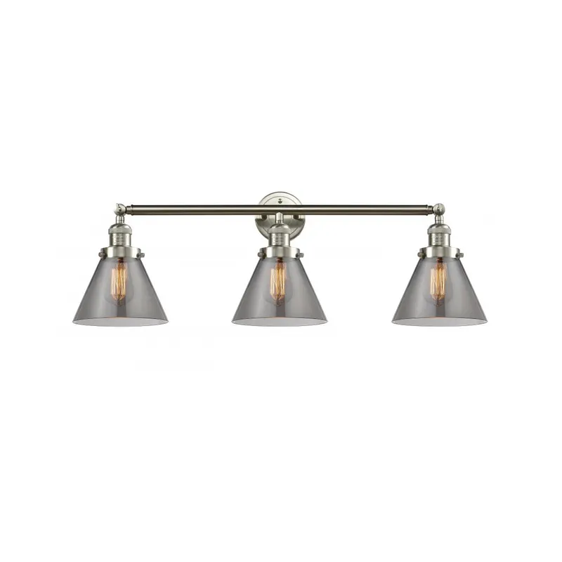 Franklin Restoration Large Cone 3 Light 32 inch Brushed Satin Nickel Bath Vanity Light Wall Light in Light Smoke Glass, Franklin Restoration