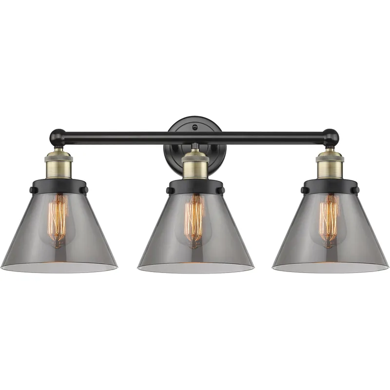Cone 3 Light 24.5 inch Black Antique Brass Bath Vanity Light Wall Light in Light Smoke Glass