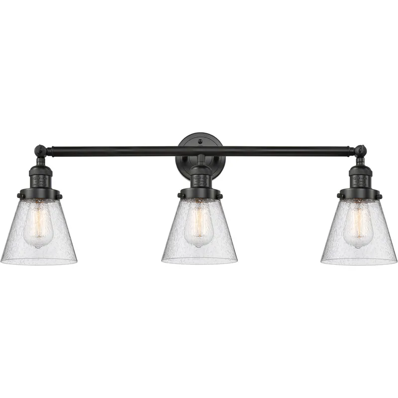 Franklin Restoration Small Cone LED 30 inch Matte Black Bath Vanity Light Wall Light in Seedy Glass, Franklin Restoration