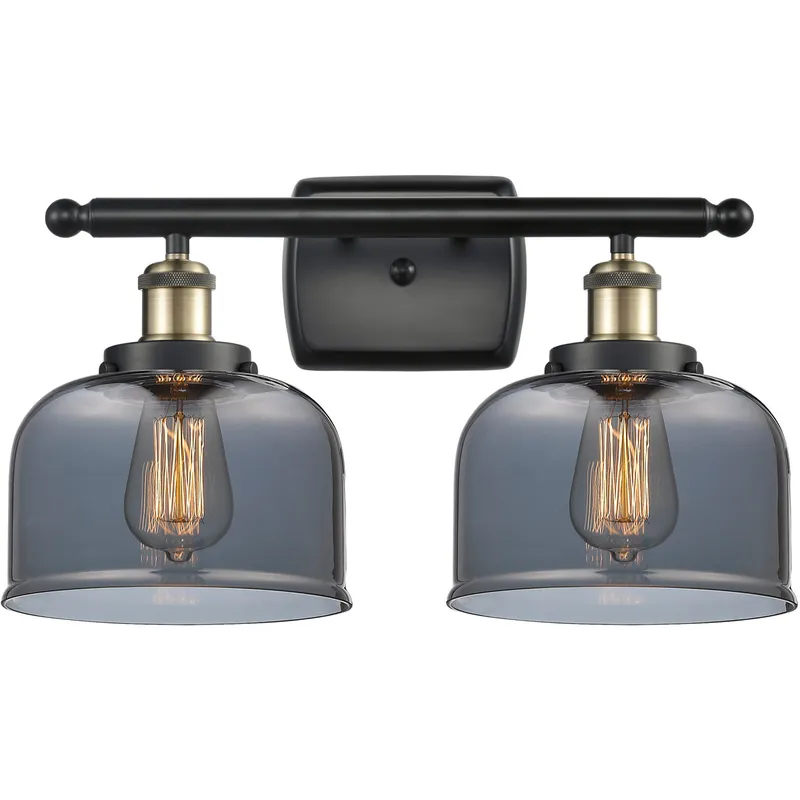 Ballston Large Bell 2 Light 16 inch Black Antique Brass Bath Vanity Light Wall Light in Light Smoke Glass