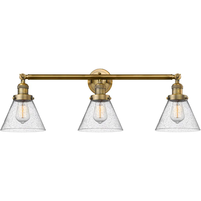 Franklin Restoration Large Cone 3 Light 32 inch Brushed Brass Bath Vanity Light Wall Light in Seedy Glass, Franklin Restoration