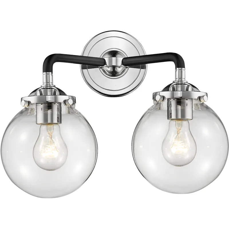 Nouveau Beacon 2 Light 14 inch Black Polished Nickel Bath Vanity Light Wall Light in Clear Glass, Nouveau