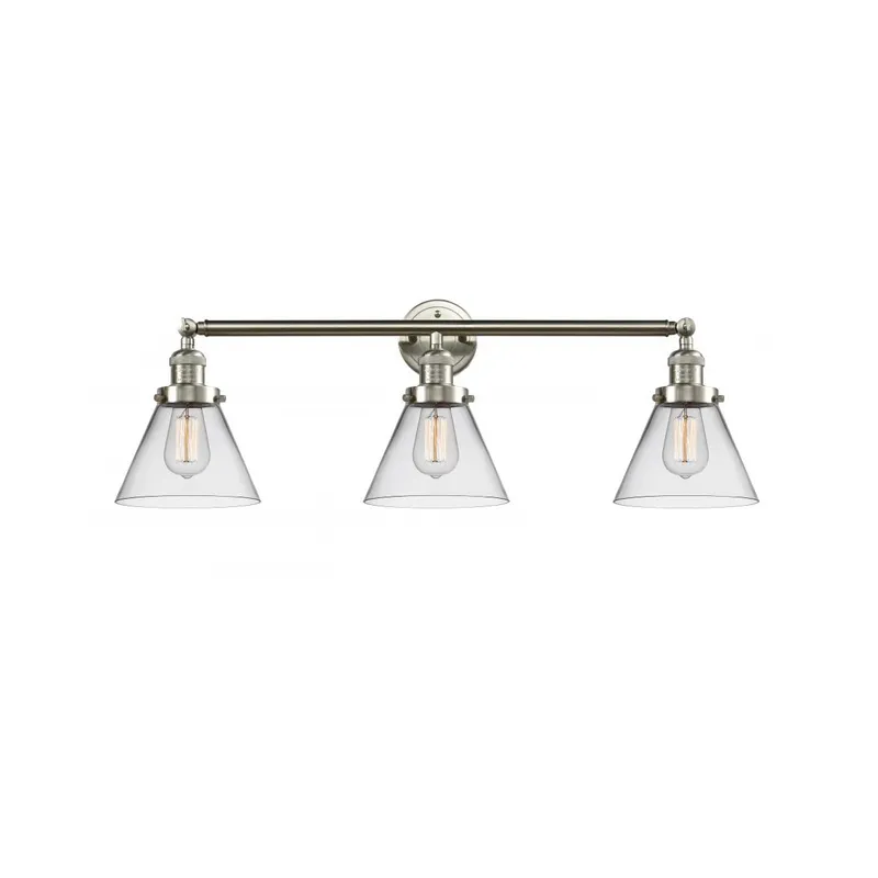 Franklin Restoration Large Cone 3 Light 32 inch Brushed Satin Nickel Bath Vanity Light Wall Light in Clear Glass, Franklin Restoration