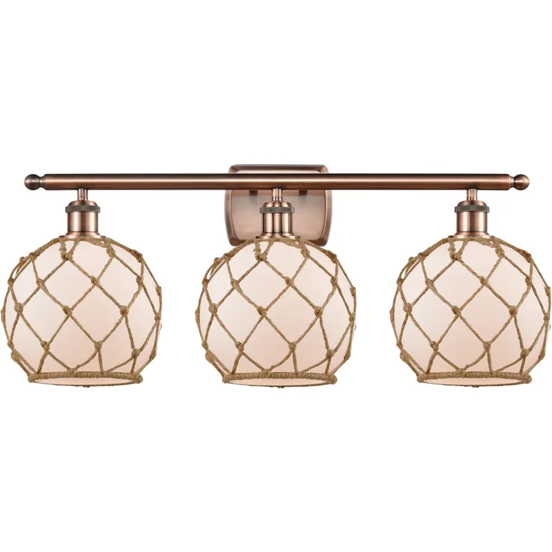 Ballston Farmhouse Rope 3 Light 28 inch Antique Copper Bath Vanity Light Wall Light in Bulb Not Included, White Glass with Brown Rope, Ballston