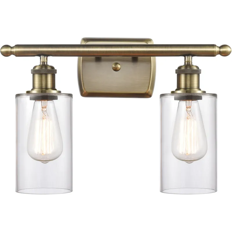 Ballston Clymer 2 Light 16 inch Antique Brass Bath Vanity Light Wall Light in Incandescent, Clear Glass, Ballston