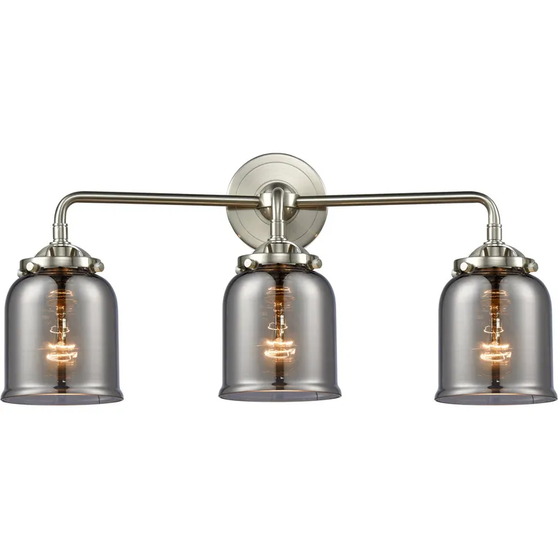 Nouveau Small Bell 3 Light 23 inch Brushed Satin Nickel Bath Vanity Light Wall Light in Light Smoke Glass, Nouveau