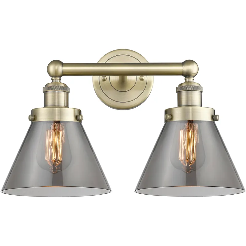 Cone 2 Light 15.5 inch Antique Brass Bath Vanity Light Wall Light in Light Smoke Glass