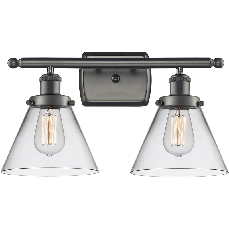 Ballston Large Cone 2 Light 16 inch Oil Rubbed Bronze Bath Vanity Light Wall Light in Clear Glass, Ballston