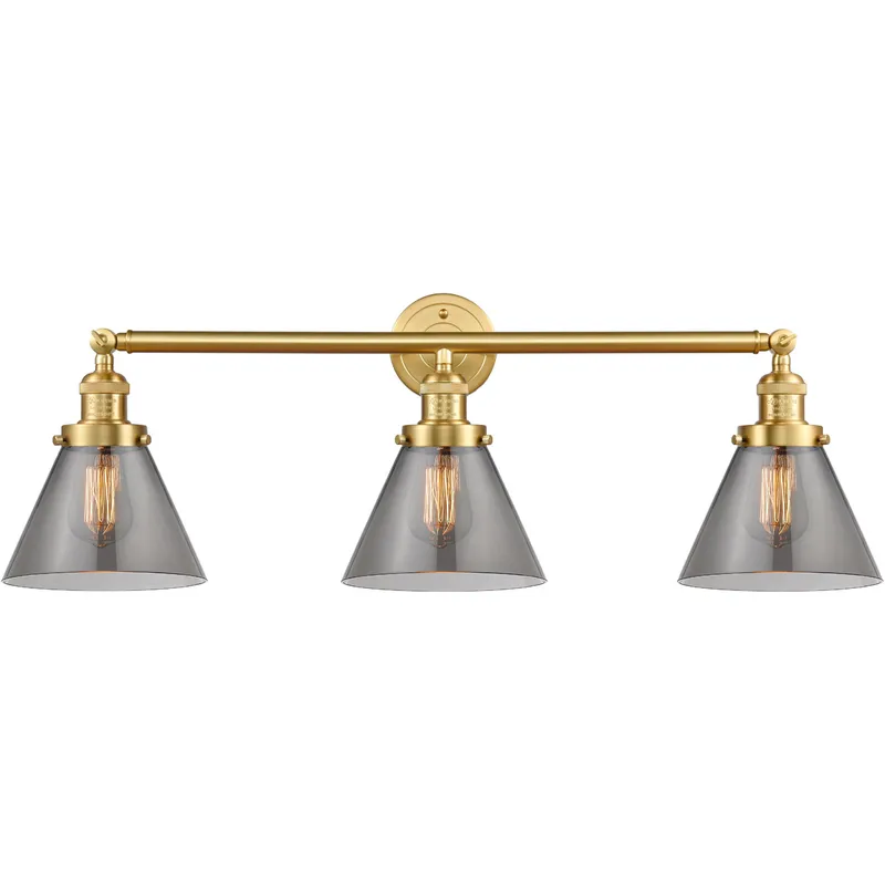 Franklin Restoration Large Cone 3 Light 32 inch Satin Gold Bath Vanity Light Wall Light in Light Smoke Glass, Franklin Restoration