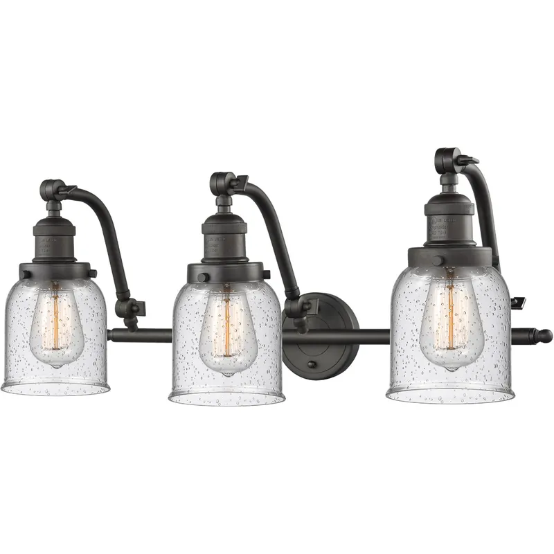 Franklin Restoration Small Bell 3 Light 28 inch Oil Rubbed Bronze Bath Vanity Light Wall Light in Seedy Glass, Franklin Restoration