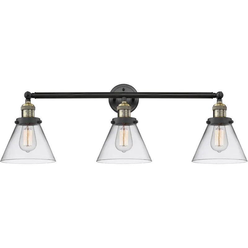 Franklin Restoration Large Cone 3 Light 32 inch Black Antique Brass Bath Vanity Light Wall Light in Clear Glass, Franklin Restoration