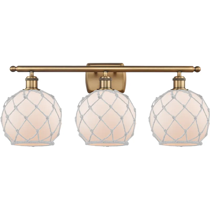 Ballston Farmhouse Rope 3 Light 28 inch Brushed Brass Bath Vanity Light Wall Light in Bulb Not Included, White Glass with White Rope, Ballston