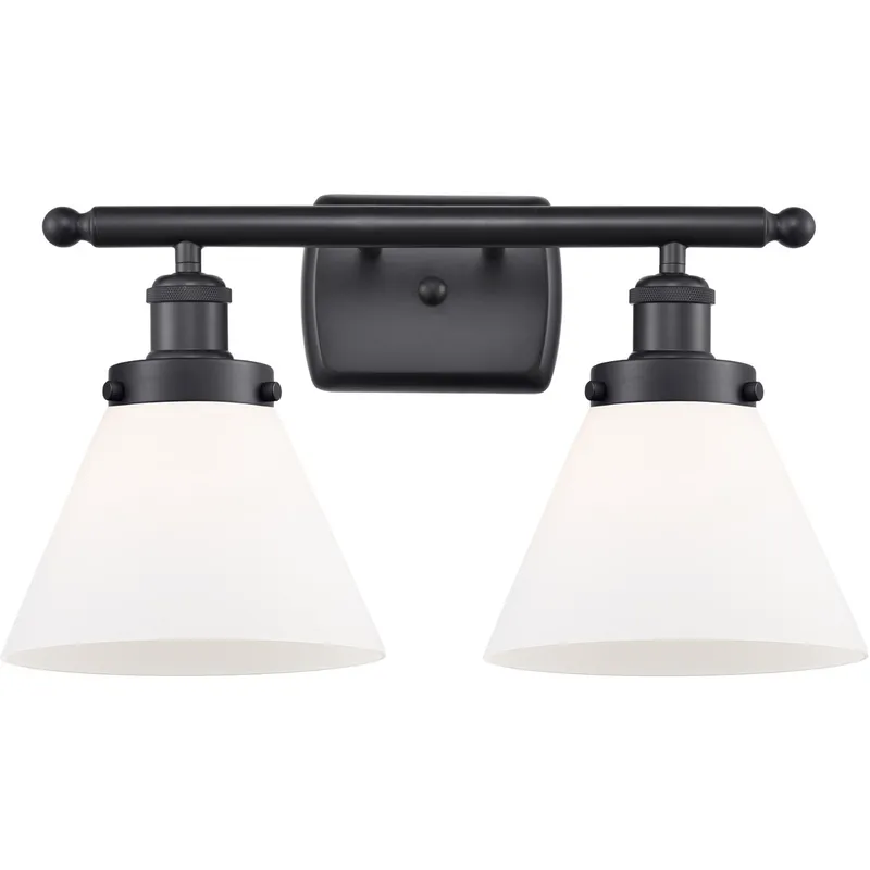 Ballston Large Cone 2 Light 16 inch Matte Black Bath Vanity Light Wall Light in Matte White Glass, Ballston