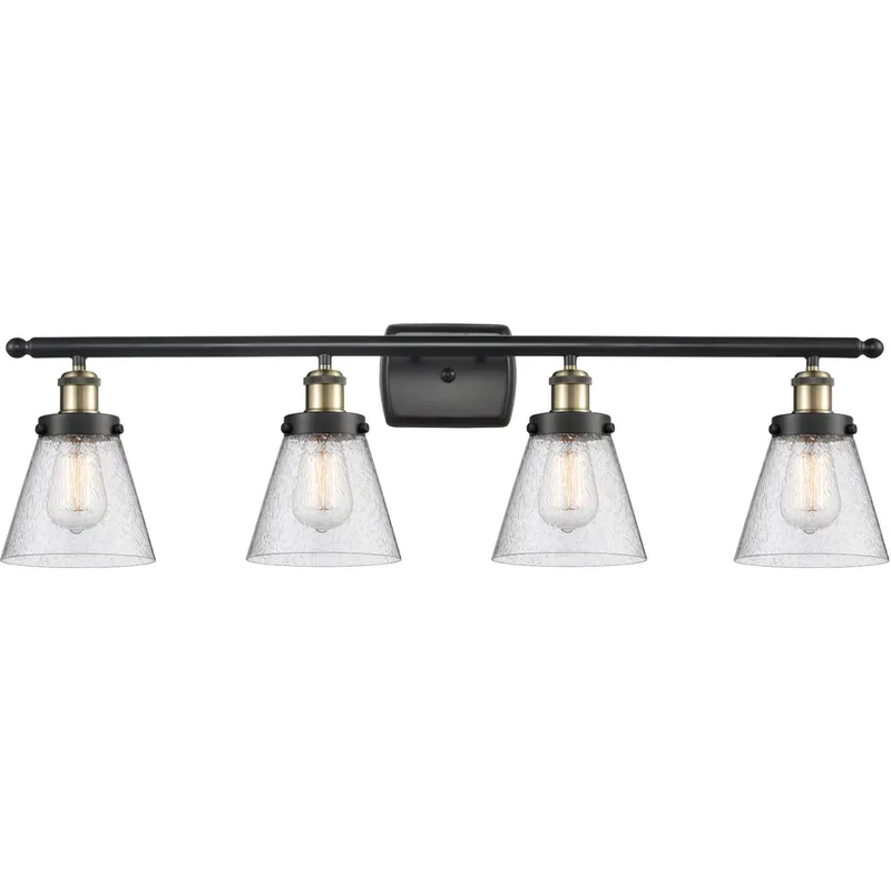 Ballston Small Cone 4 Light 36 inch Black Antique Brass Bath Vanity Light Wall Light in Seedy Glass