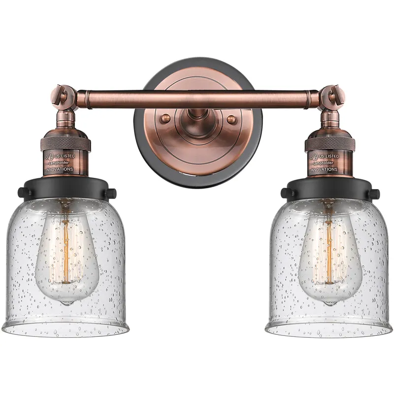 Franklin Restoration Small Bell 2 Light 16 inch Antique Copper Bath Vanity Light Wall Light in Seedy Glass